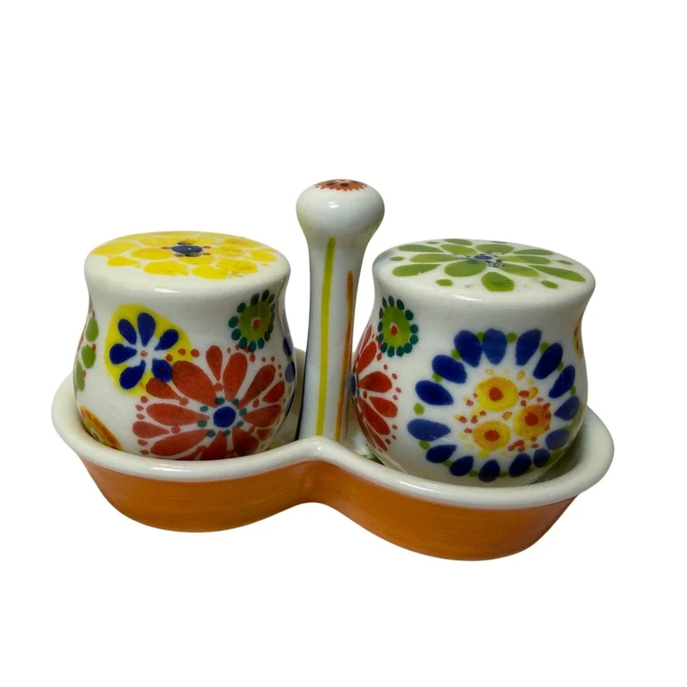 Anthropologie Floral Salt and Pepper Shaker Set with Caddy Tray Multicolor